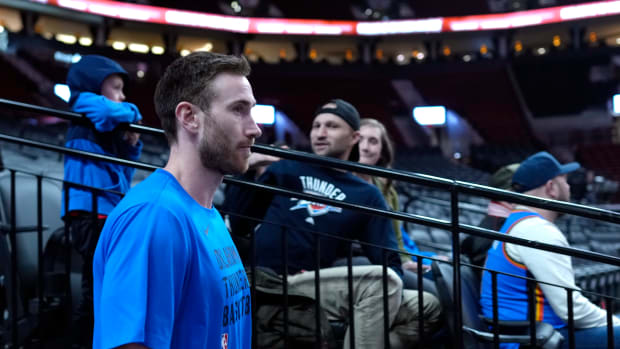 Mar 6, 2024; Portland, Oregon, USA; Oklahoma City Thunder small forward Gordon Hayward (33) walks to the court before the game against the Portland Trail Blazers at Moda Center. Mandatory Credit: Soobum Im-USA TODAY Sports